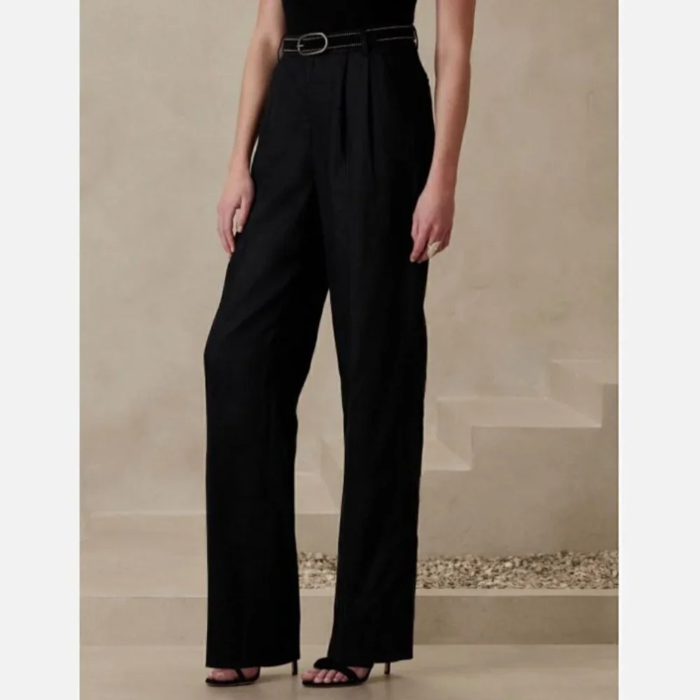 Banana Republic High-Rise Palma Straight 100% Linen Size 14 Black Pants RT$130
